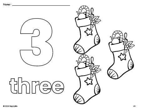 Free printable stocking Christmas coloring page and counting worksheet, number 3 coloring page for preschool, pre-k, and kindergarten