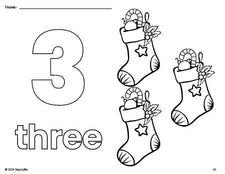 Free printable stocking Christmas coloring page and counting worksheet, number 3 coloring page for preschool, pre-k, and kindergarten