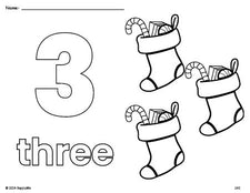 Free printable stocking Christmas coloring page and counting worksheet, number 3 coloring page for preschool, pre-k, and kindergarten