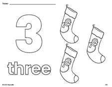 Free printable stocking Christmas coloring page and counting worksheet, number 3 coloring page for preschool, pre-k, and kindergarten