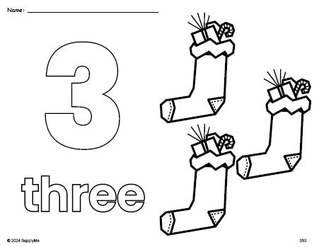 Free printable stocking Christmas coloring page and counting worksheet, number 3 coloring page for preschool, pre-k, and kindergarten