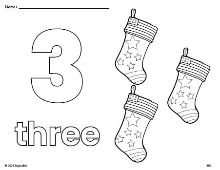 Free printable stocking Christmas coloring page and counting worksheet, number 3 coloring page for preschool, pre-k, and kindergarten