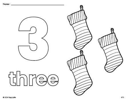 Free printable stocking Christmas coloring page and counting worksheet, number 3 coloring page for preschool, pre-k, and kindergarten