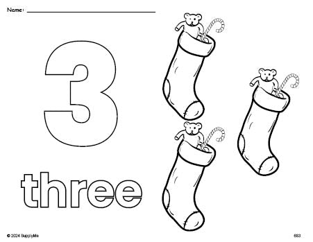 Free printable stocking Christmas coloring page and counting worksheet, number 3 coloring page for preschool, pre-k, and kindergarten