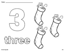 Free printable stocking Christmas coloring page and counting worksheet, number 3 coloring page for preschool, pre-k, and kindergarten