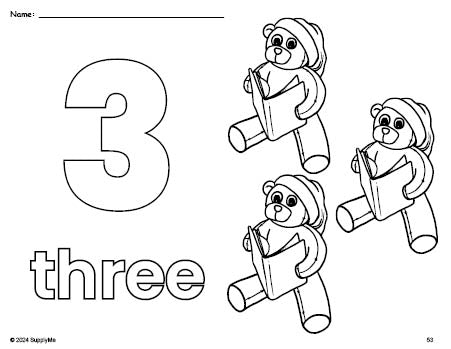 Free printable teddy bear Christmas coloring page and counting worksheet, number 3 coloring page for preschool, pre-k, and kindergarten