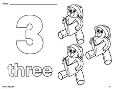 Free printable teddy bear Christmas coloring page and counting worksheet, number 3 coloring page for preschool, pre-k, and kindergarten