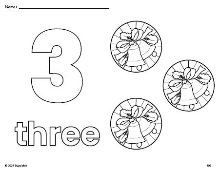 Free printable wreath Christmas coloring page and counting worksheet, number 3 coloring page for preschool, pre-k, and kindergarten