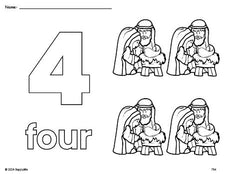 Free printable Baby Jesus Christmas coloring page and counting worksheet, number 4 coloring page for preschool, pre-k, and kindergarten