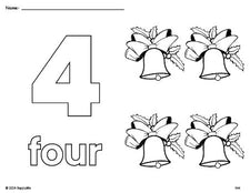 Free printable bell Christmas coloring page and counting worksheet, number 4 coloring page for preschool, pre-k, and kindergarten