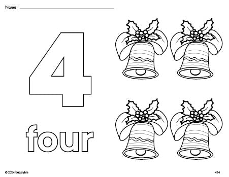 Free printable bell Christmas coloring page and counting worksheet, number 4 coloring page for preschool, pre-k, and kindergarten