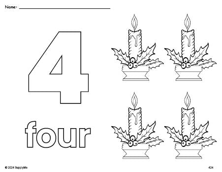 Free printable candle Christmas coloring page and counting worksheet, number 4 coloring page for preschool, pre-k, and kindergarten