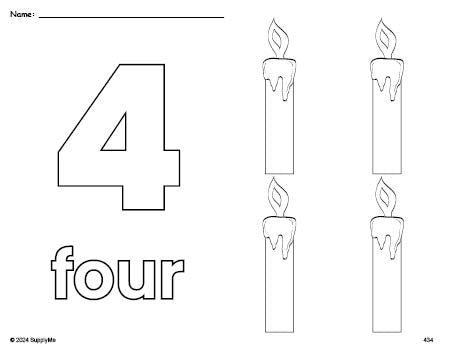 Free printable candle Christmas coloring page and counting worksheet, number 4 coloring page for preschool, pre-k, and kindergarten