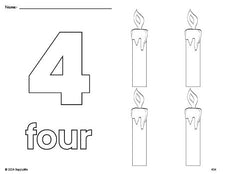 Free printable candle Christmas coloring page and counting worksheet, number 4 coloring page for preschool, pre-k, and kindergarten