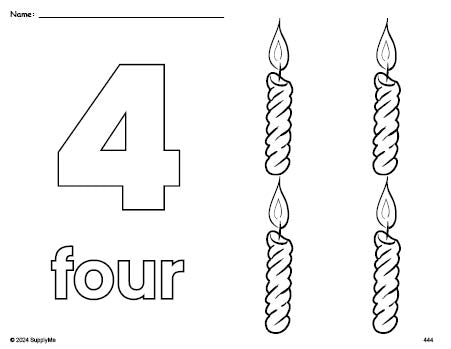 Free printable candle Christmas coloring page and counting worksheet, number 4 coloring page for preschool, pre-k, and kindergarten