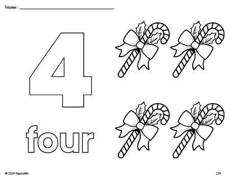 Free printable candy cane Christmas coloring page and counting worksheet, number 4 coloring page for preschool, pre-k, and kindergarten