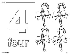 Free printable candy cane Christmas coloring page and counting worksheet, number 4 coloring page for preschool, pre-k, and kindergarten