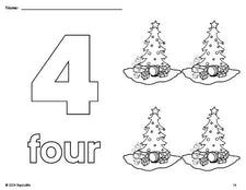 Free printable Christmas tree Christmas coloring page and counting worksheet, number 4 coloring page for preschool, pre-k, and kindergarten