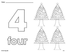 Free printable Christmas tree Christmas coloring page and counting worksheet, number 4 coloring page for preschool, pre-k, and kindergarten