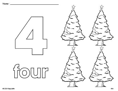 Free printable Christmas tree Christmas coloring page and counting worksheet, number 4 coloring page for preschool, pre-k, and kindergarten