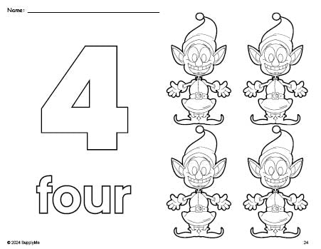 Free printable elf Christmas coloring page and counting worksheet, number 4 coloring page for preschool, pre-k, and kindergarten