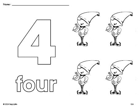 Free printable elf Christmas coloring page and counting worksheet, number 4 coloring page for preschool, pre-k, and kindergarten