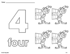 Free printable elf Christmas coloring page and counting worksheet, number 4 coloring page for preschool, pre-k, and kindergarten