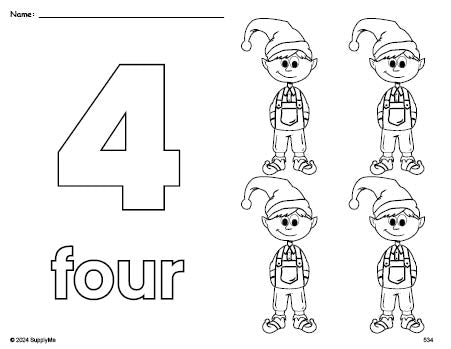 Free printable elf Christmas coloring page and counting worksheet, number 4 coloring page for preschool, pre-k, and kindergarten