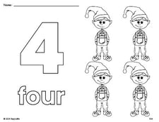 Free printable elf Christmas coloring page and counting worksheet, number 4 coloring page for preschool, pre-k, and kindergarten