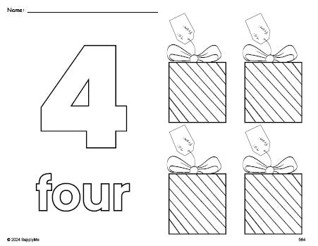 Free printable gift Christmas coloring page and counting worksheet, number 4 coloring page for preschool, pre-k, and kindergarten