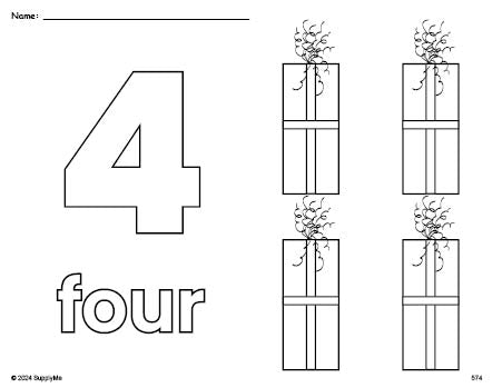 Free printable gift Christmas coloring page and counting worksheet, number 4 coloring page for preschool, pre-k, and kindergarten