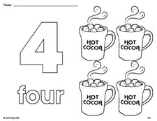 Free printable hot chocolate winter coloring page and counting worksheet, number 4 coloring page for preschool, pre-k, and kindergarten