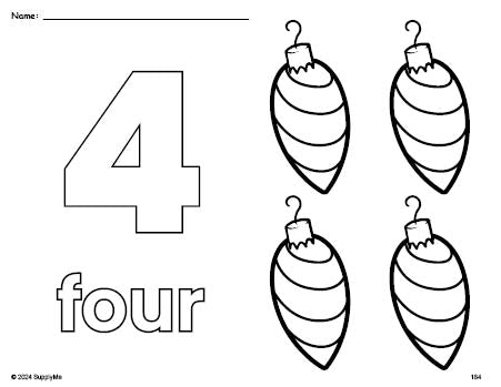 Free printable ornament Christmas coloring page and counting worksheet, number 4 coloring page for preschool, pre-k, and kindergarten