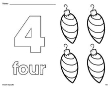 Free printable ornament Christmas coloring page and counting worksheet, number 4 coloring page for preschool, pre-k, and kindergarten