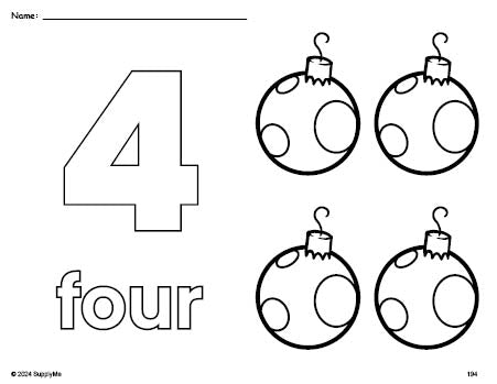 Free printable ornament Christmas coloring page and counting worksheet, number 4 coloring page for preschool, pre-k, and kindergarten