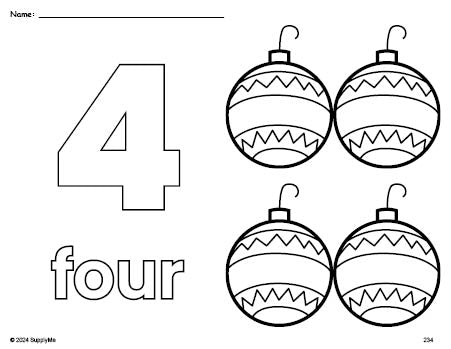 Free printable ornament Christmas coloring page and counting worksheet, number 4 coloring page for preschool, pre-k, and kindergarten