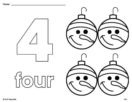 Free printable ornament Christmas coloring page and counting worksheet, number 4 coloring page for preschool, pre-k, and kindergarten