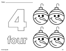 Free printable ornament Christmas coloring page and counting worksheet, number 4 coloring page for preschool, pre-k, and kindergarten