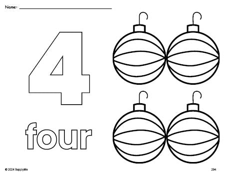 Free printable ornament Christmas coloring page and counting worksheet, number 4 coloring page for preschool, pre-k, and kindergarten