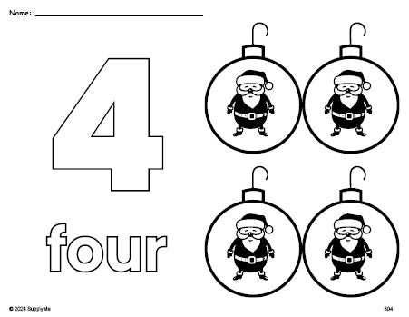 Free printable ornament Christmas coloring page and counting worksheet, number 4 coloring page for preschool, pre-k, and kindergarten