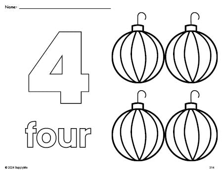 Free printable ornament Christmas coloring page and counting worksheet, number 4 coloring page for preschool, pre-k, and kindergarten