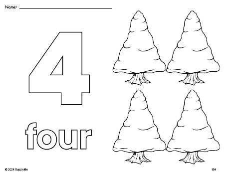 Free printable pine tree winter coloring page and counting worksheet, number 4 coloring page for preschool, pre-k, and kindergarten