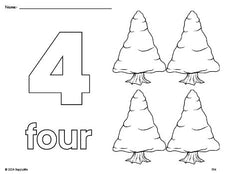 Free printable pine tree winter coloring page and counting worksheet, number 4 coloring page for preschool, pre-k, and kindergarten