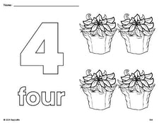 Free printable poinsettia Christmas coloring page and counting worksheet, number 4 coloring page for preschool, pre-k, and kindergarten