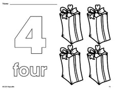 Free printable present Christmas coloring page and counting worksheet, number 4 coloring page for preschool, pre-k, and kindergarten