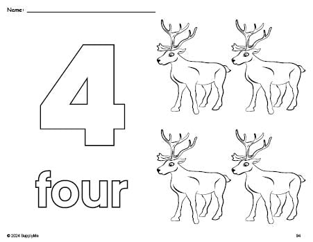 Free printable reindeer Christmas coloring page and counting worksheet, number 4 coloring page for preschool, pre-k, and kindergarten