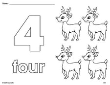 Free printable reindeer Christmas coloring page and counting worksheet, number 4 coloring page for preschool, pre-k, and kindergarten