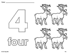 Free printable reindeer Christmas coloring page and counting worksheet, number 4 coloring page for preschool, pre-k, and kindergarten