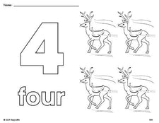 Free printable reindeer Christmas coloring page and counting worksheet, number 4 coloring page for preschool, pre-k, and kindergarten