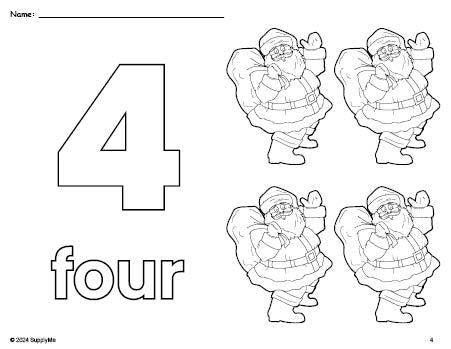 Free printable Santa Christmas coloring page and counting worksheet, number 4 coloring page for preschool, pre-k, and kindergarten